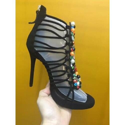 Brand Choudory Summer 2017 Women Fashion Colorful Diamond Handmade Beaded Rhinestone Pierced Zip Back High Heel Sandals Booties