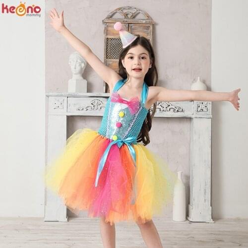 Circus Sparkly Clown Inspired Girls Tutu Dress Kids Carnival Rainbow Dress Up Birthday Party Costume Handmade Tulle Fancy Dress