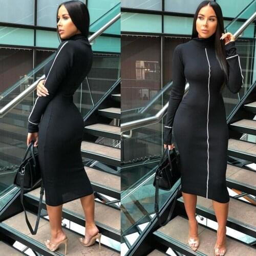 Turtleneck Long Sexy Bodycon Dress Women 2020 Autumn Winter New Long Sleeve Black purified cotton Midi Dress Lady party dresses
