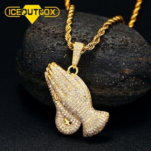 ICEOUTBOX Hip Hop Bling Cubic Zirconia Praying Hand Pendant Necklace Hip Hop Fashion Charm Jewelry Women Mens Jewelry Gift