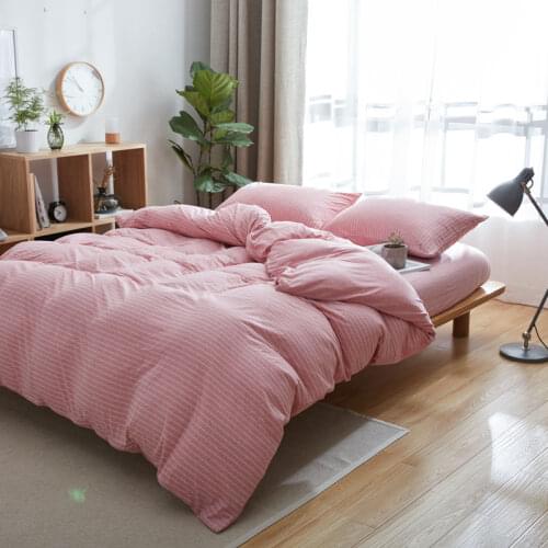 100% Cotton bedding set 4pcs solid pink fitted bed sheet queen king size bed linen for girls jersey knit bedclothes stripe duvet