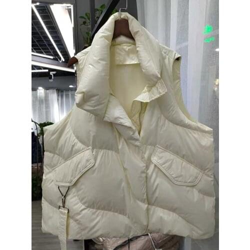 FMFSSOM Loose Causal 90% White Duck Down Jacket Women Sleeveless Asymmetric Length Beige Spring Autumn Windpoof Basic Outwear