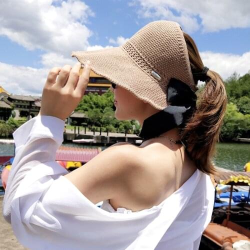Fashion Bow Sun Hats Women Ponytail Sun Cap Ribbon Knitted Raffia Hat For Women UV Protction gorras Female Beach Hat