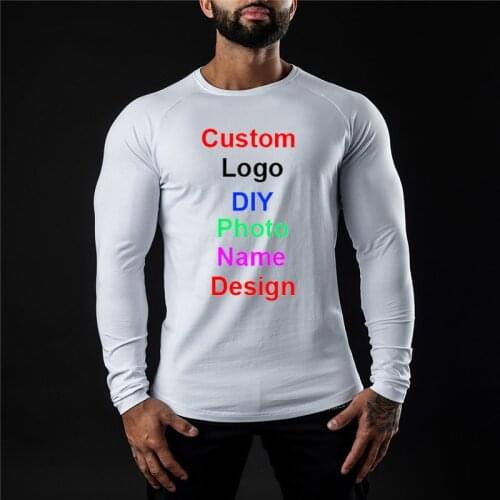 Mens Design Brand Logo/Picture Custom Customized Fitness Fashion Bodybuilding Long Sleeve Clothing Trend Slim Sports T Shirt