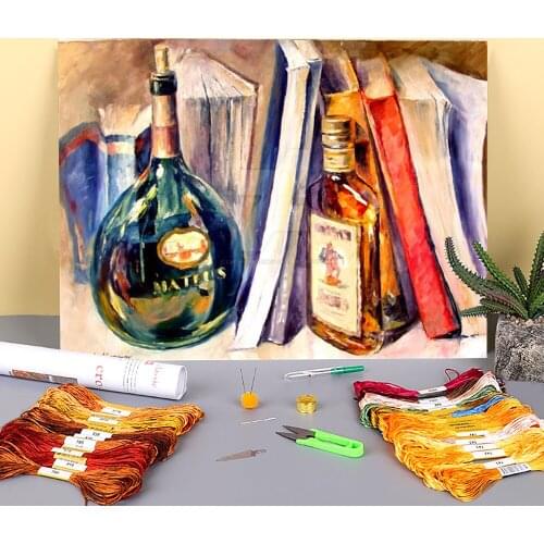 Bottles And Books Printed 11CT Cross-Stitch Embroidery Kit DMC Threads Knitting Handiwork Handicraft Painting Design Stamped