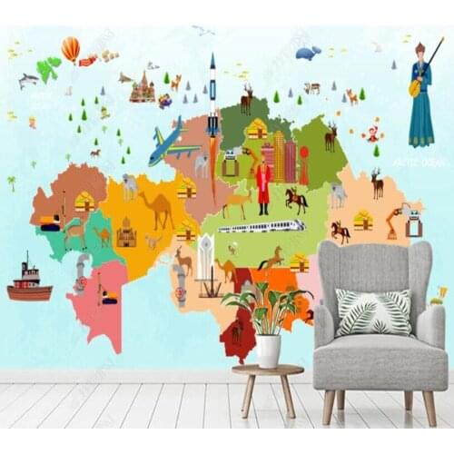 Papel de parede Hand drawn cartoon world animal map childrens room Background Wall 3D wallpaper mural,living room home decor