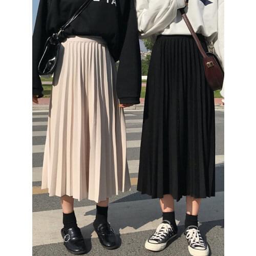 Autumn and winter mid-length high waist skirt womens black pleated skirt small a-line skirt winter long skirts for women