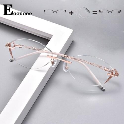 Oval Transparent Lenses Titanium Female Eyewear Diamond Trimmed Rimless Women Tint Lenses Prescription Glasses Anti-blue Ray