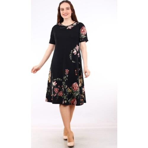 Womens Black Large Size Short Sleeve Textured Crepe Dress Summer Casual Modern Fashion Design