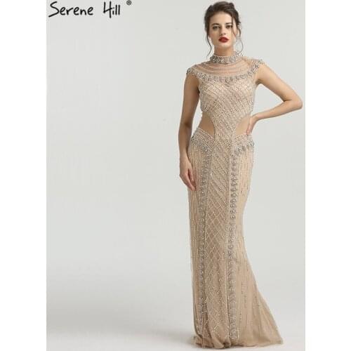 Champagne Beaded Cut-out Mermaid Formal Dresses 2020 Dubai Sleeveless Luxury Evening Gowns Long Serene Hill BLA6551