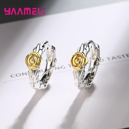 925 Sterling Silver Gold Color Flower Rose Earrings Women Girls Simple Fashion Wedding Hoop Pendientes Jewelry Accessories