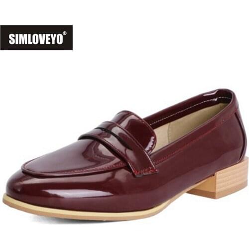 SIMLOVEYO New 2021 Flat Shoes Round Toe Patent Leather Slip-On Classic Simple Luxury Plus Size 30-48 Casual Office Wine B2377