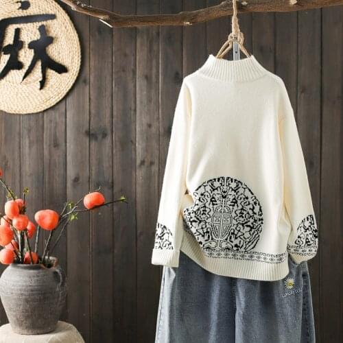 Vintage Turtleneck Jumper Tops Long Sleeved Knitted Pullovers Ethnic Autumn Winter Jacquard Pattern Retro Women Sweater Pull New