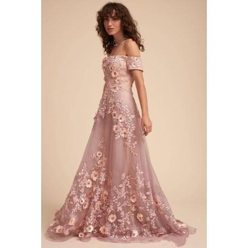 Elegant Prom Dresses A-line Off The Shoulder Tulle Appliques Flowers Beaded Long Prom Gown Evening Dresses Robe De Soiree