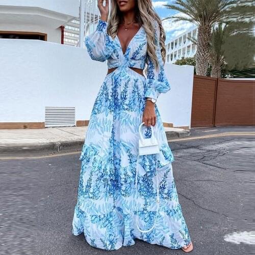 Women Dress Long-Sleeved Printed Cutout V-Neck Ladies Outdoor Travel Seaside Fashion Floor-Length Female Dress