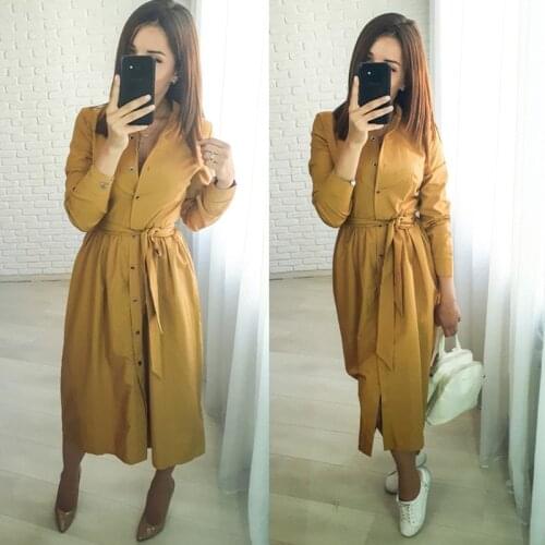 Women Vintage Front Button Sashes A-line Party Dress Long SLeeve Turn Down Collar Solid A-line Dress 2019 Winter Fashion Dress