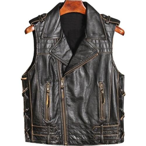 Mens Classic Leather Motorcycle Biker Vest Vintage Black Lace Up Short Style Thick Cowhide Punk Genuine Leather Zipper Vests