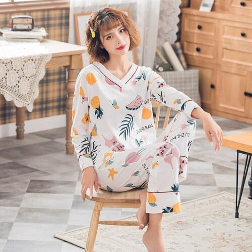 2020 new spring and autumn 100% cotton ladies sweater V-neck pullover long sleeve trousers pajamas suit loose home service women