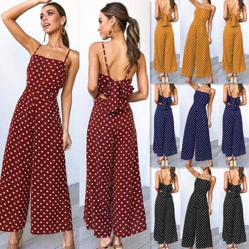Elegant Jumpsuits Women Sleeveless Polka Dots Loose Trousers Wide Leg Pants Rompers Holiday Backless Bow Leotard Overalls Sexy