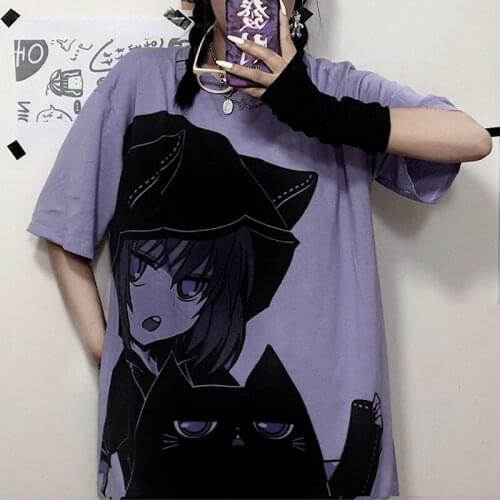 Harajuku Gothic Summer Japanese cartoon anime T-Shirt Fashion Print oversized Tops woman tshirts Female purple Casual T-Shirts