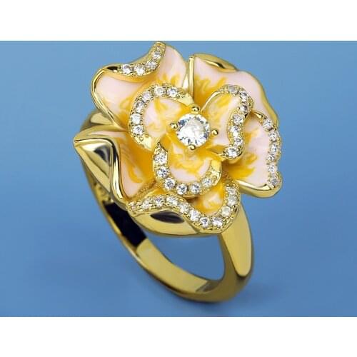 Classic 18k Gold Jewelry Golden Flower Womens Enamel Ring Fashion Zircon Flower Ring Bridal Jewelry Gift Handmade Epoxy Enamel