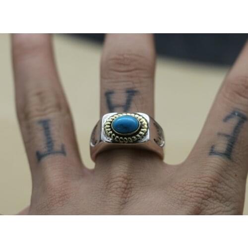 Real 925 Sterling Silver & Natural Blue Turquoises Male Vintage Thai Mens Ring Rings Jewelry A4482