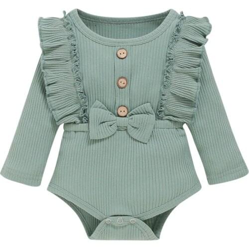 Toddler’s Rompers Autumn Clothes Solid-Color Round-Neck Ruffle Long-Sleeves Rompers with Bowknot for Baby Girl 0-18 Months