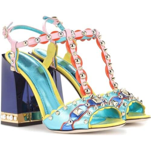 Summer Rivets Studs Multi Contrast Colors Leather Sandals Women Peep Toe Ladies Plated Chunky Heels Designer High Heels Shoes