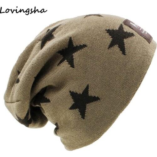 LOVINGSHA Skullies Bonnet Stars Design Winter Hats For Men Women Faux Fur Warm Baggy Knitted Knit Beanie Mens Winter Hat Caps