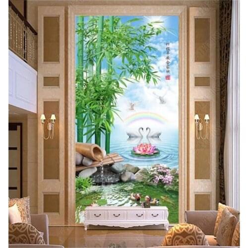 Living Room Bedroom Door Sticker Wall Painting Mural 3D Green Bamboo Landscape Photo Wallpaper Wall Stickers Home Decor