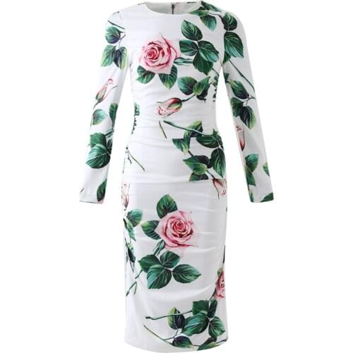 Autumn New Fashion Women Casual Plus Size Retro Vintage Rose Floral Print Long Sleeve Bodycon Midi Pencil Dress Black/White