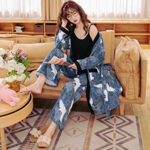 Pajama womens three piece spring and autumn summer sexy suspender plus fat loose pure cotton oversize 100kg home clothes