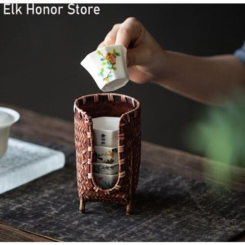 Retro Pure Handmade Rattan Woven Tea Cup Storage Cylinder Rack Cup Basket Storage Holder Rack Tea Table Customize Tea Ceremony