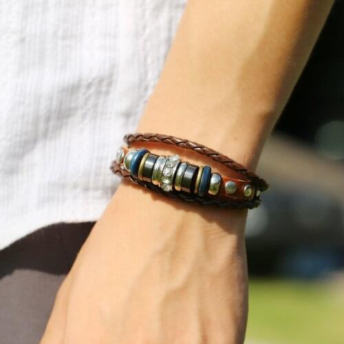 Romantic Handmade Leather Bracelets For Women Men Beaded Rhinestone Rivet Spacers Braided Bangles Charm Jewelry Male Bileklik