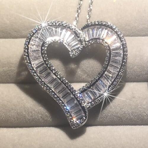 Luxury 925 Silver Heart Pendant Chain Necklace Women Sparkling Princess-cut Topaz Simulated Diamond Necklace wedding Jewelry