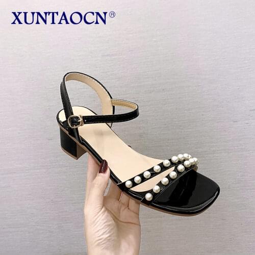 Womens Sandals 2021 Summer New Korean Womens Square Head Rhinestone Womens Shoes Fairy Style Thick Heel Buckle Sandals Women