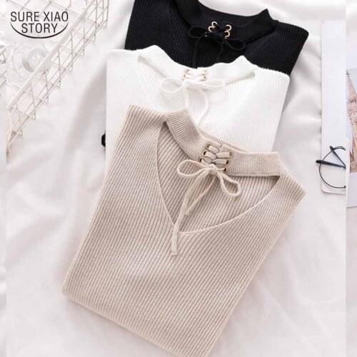 Winter Gentle Hollow Elegant Lace Up O-neck Sweater Vintage Stripes Knitted Jumper Women Solid Casual Sweaters Pull Femme 11801