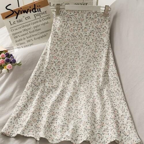 Syiwidii Boho Floral Print Chiffon Skirt for Women Black Elastic High Waist Slit 2021 Spring Summer Pink Blue Green Midi Skirts