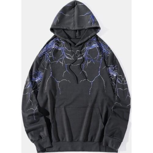 Men Hip Hop Hoodie lightning Print Cotton Casual Sweatshirt High Street Hipster Baggy Hooded Pullover Streetwear European Size