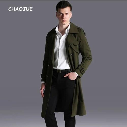 CHAOJUE Brand Extra Long Arm Green Coat Trench for Men 2019 Autumn Latest Design Raglan Sleeve Outwear Male British Overcoat