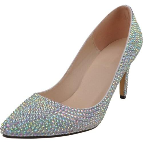 Women Thin High heels Female Shoes Classics Basic Women Pumps Pointed Toe Rhinestones Sequined Cloth 8CM Slip On Bling size35-42