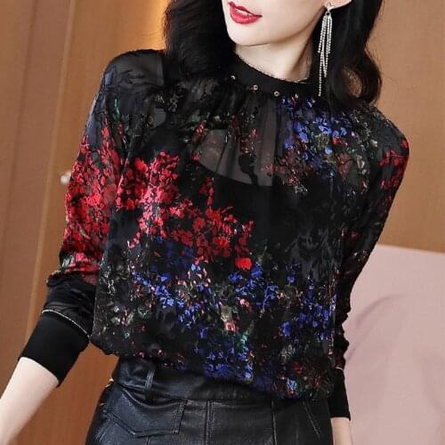 2020 Spring Fall Fashion Womens Stand Collar Floral Printed Long Sleeve Blouse , Woman Female 3xl Loose Flower Tops Blouses