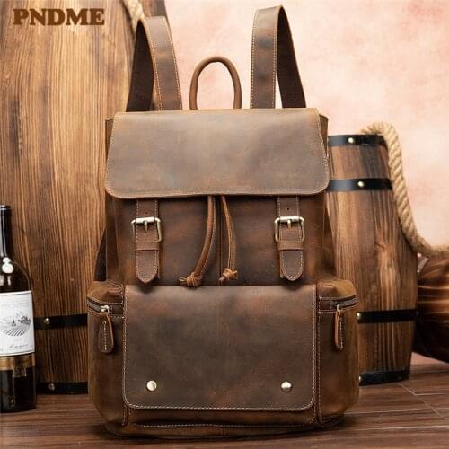 Vintage crazy horse cowhide womens backpack outdoor travel genuine leather mens clamshell laptop bagpack weekend bookbag