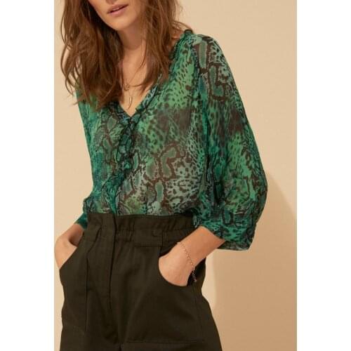 Women Shirt Fashionable Wild Animal Pattern Thin Section Small Ruffled V-neck Three-quarter Sleeve Top Loose Comfortable Shirt