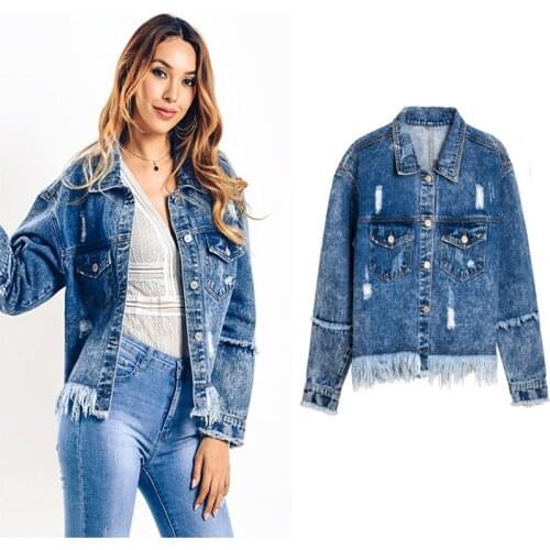 Denim womens European and American womens solid color loose BF wind fringed denim jacket jacket coat