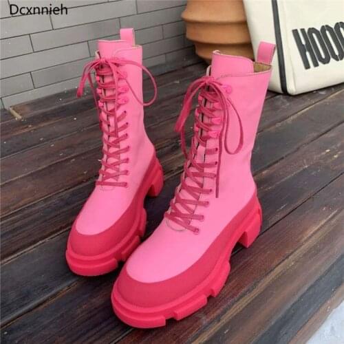 Red Thick Sole Ankle Boots Women Lace Up Genuine Leather Round Toe Chelsea Boots Woman Knight Boots Woman Runway Autumn Boots