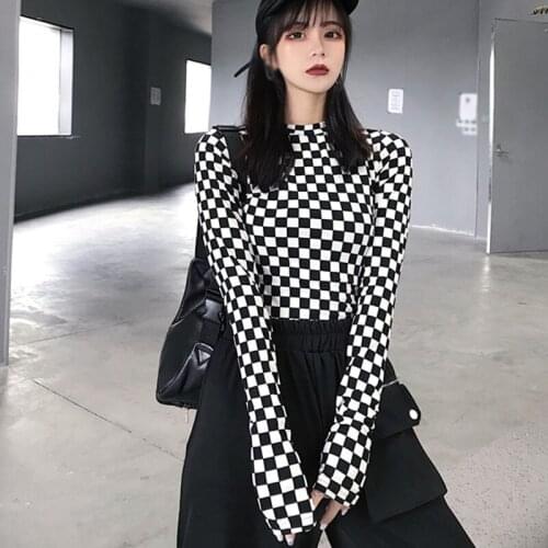Women Plaid Tees Spring Autumn Korean Slim Stretch Small Plaid Bottom T-Shirt Long Sleeve T-Shirt Top