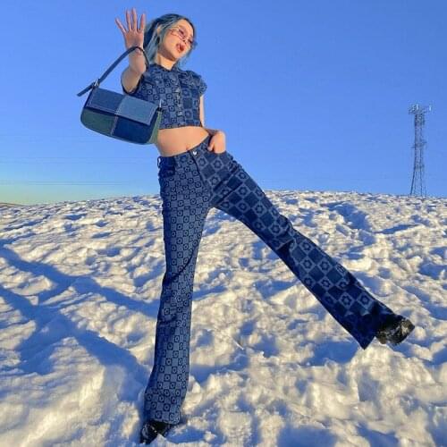 Y2K Girl Print Floral High Waist Flare Pants Women Summer Long Trousers Summer Sweatpants Capris Pant Bottom