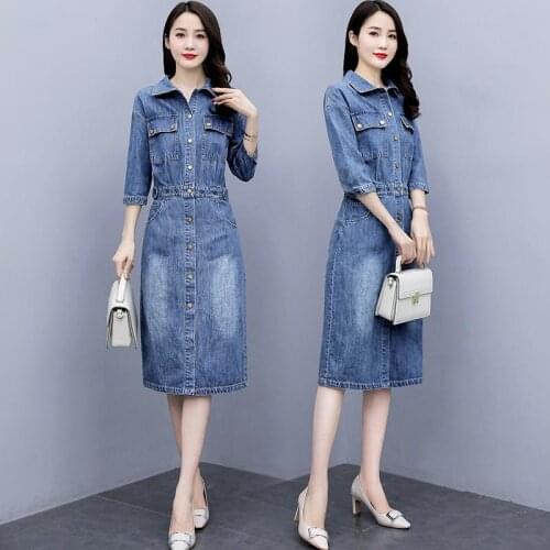 French Retro Elegant Denim Vestidos Blue Pocket Shirt Dress 2021 Women High Waist Casual Slim Loose A-line Dresses Streetwear