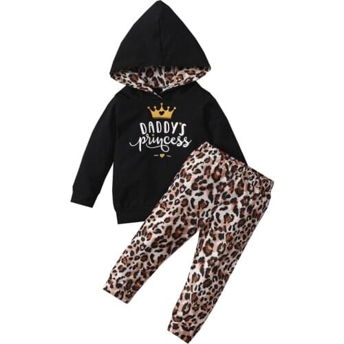 2021 Toddler Baby Girl Autumn Kids 2pcs Letter Long Sleeve Hooded Tops Leopard Pants Trousers 0-4Years